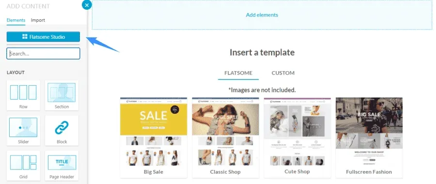 Chọn add elements và kéo thả các block tùy theo sở thích