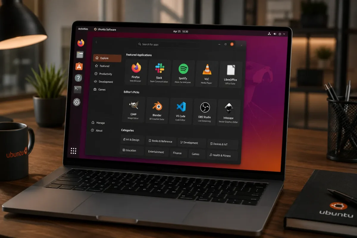 Hướng dẫn cài đặt phần mềm trên Ubuntu chi tiết từ cơ bản đến nâng cao 3 A professional workspace with a sleek laptop displaying the Ubuntu Software Center interface, showcasing a variety of colorful app icons, photorealistic style, high quality.